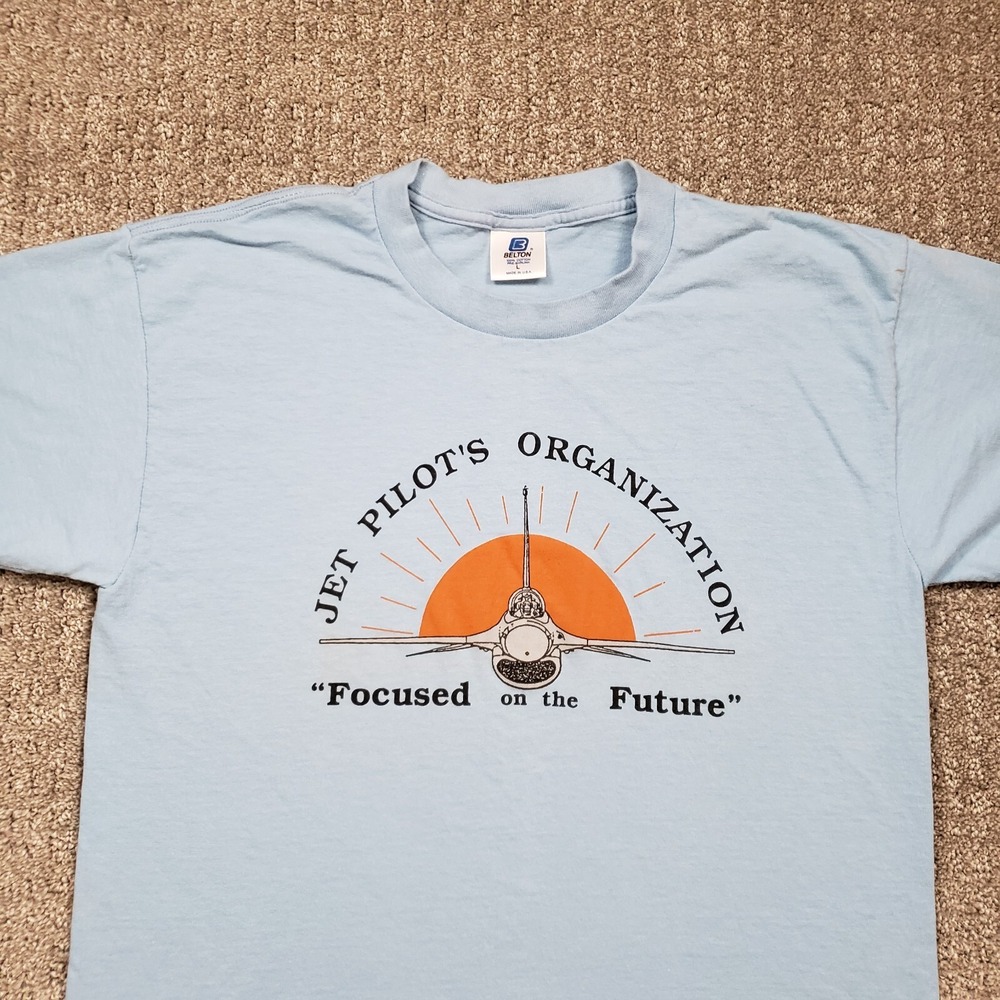 Vintage Single Stitch T-Shirt Made in USA Mens (L) Blue BELTON Jet Pilots Org
